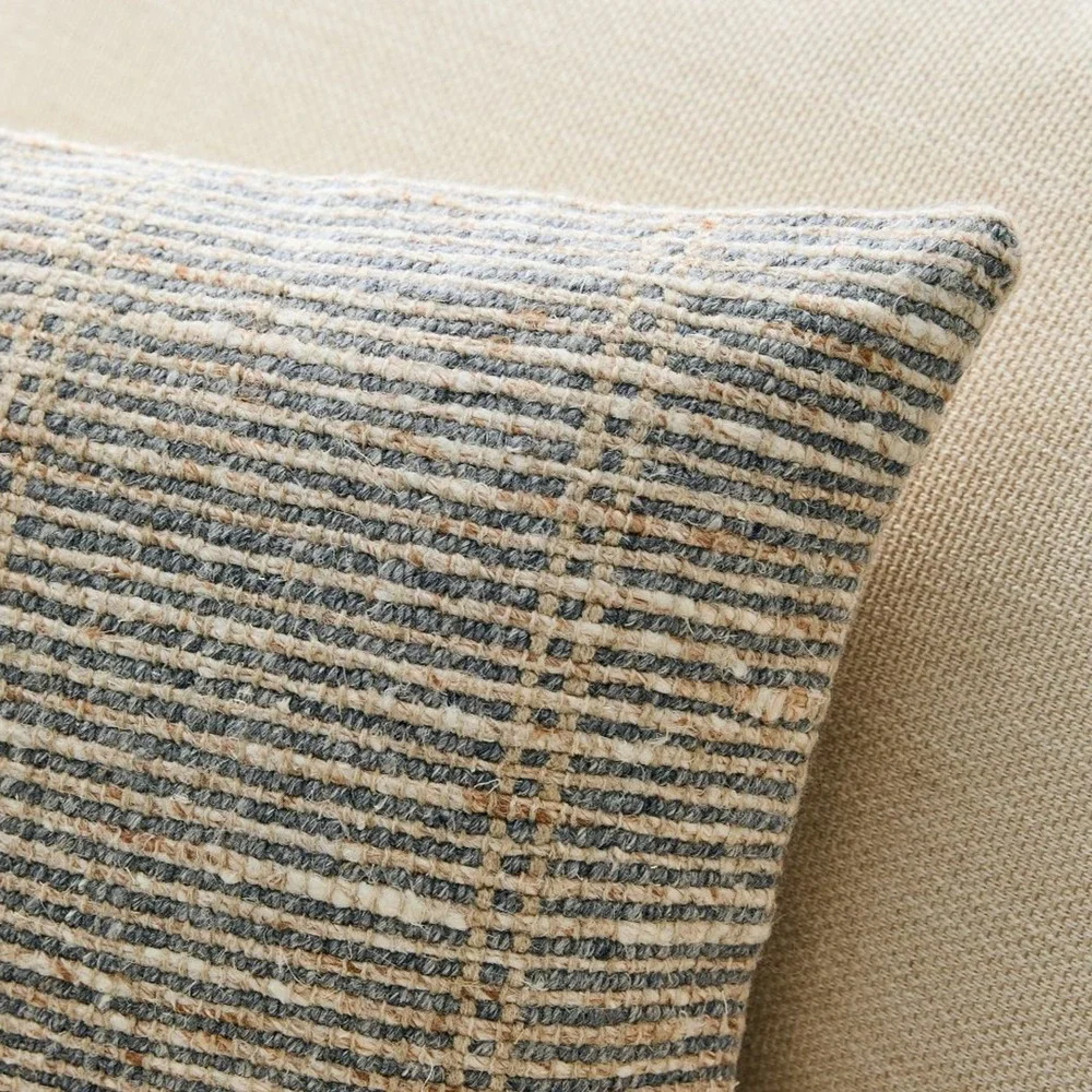 NWT West Elm Wool Striped Grid Lumbar Pillow Cover 14 x 28 Gray Beige Boucle